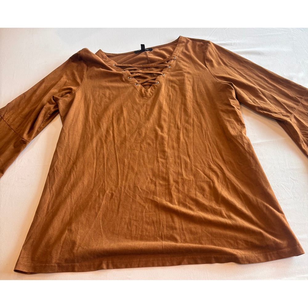 Relativity Women XL Brown Faux Suede Lace Up V-Neck Bell Sleeve Top Cognac